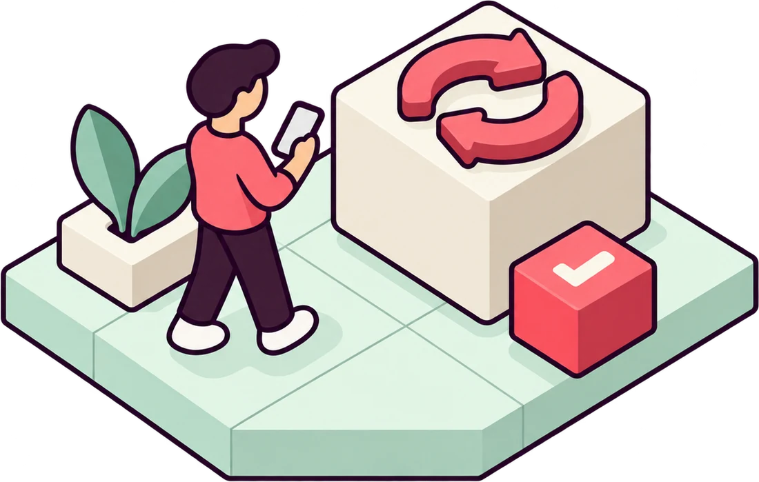 Escena: un producto funcionando con mejoras continuas y una persona revisando su celular